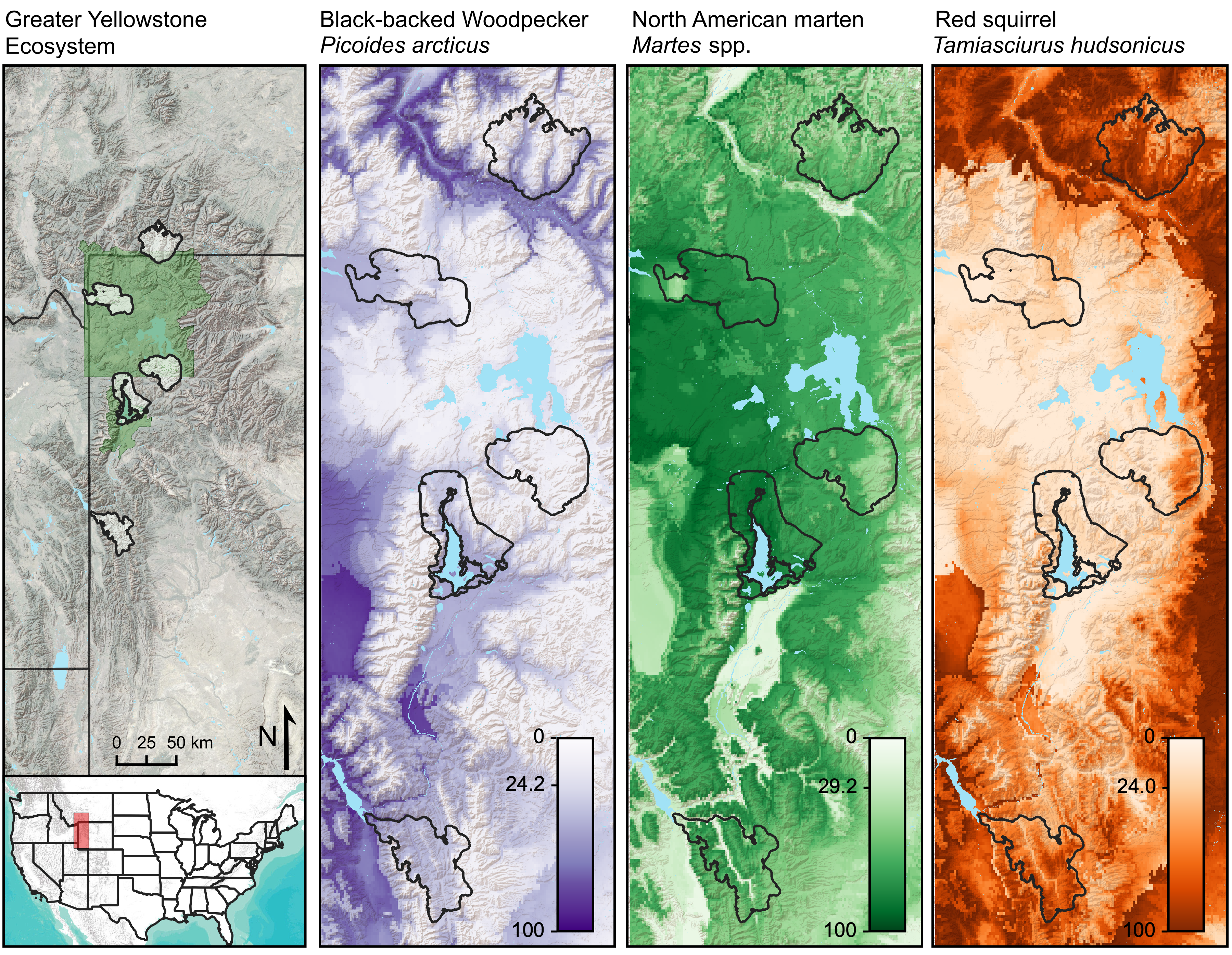 Study landscapes. Recent fires (left) and historical climate suitability for each species (right)